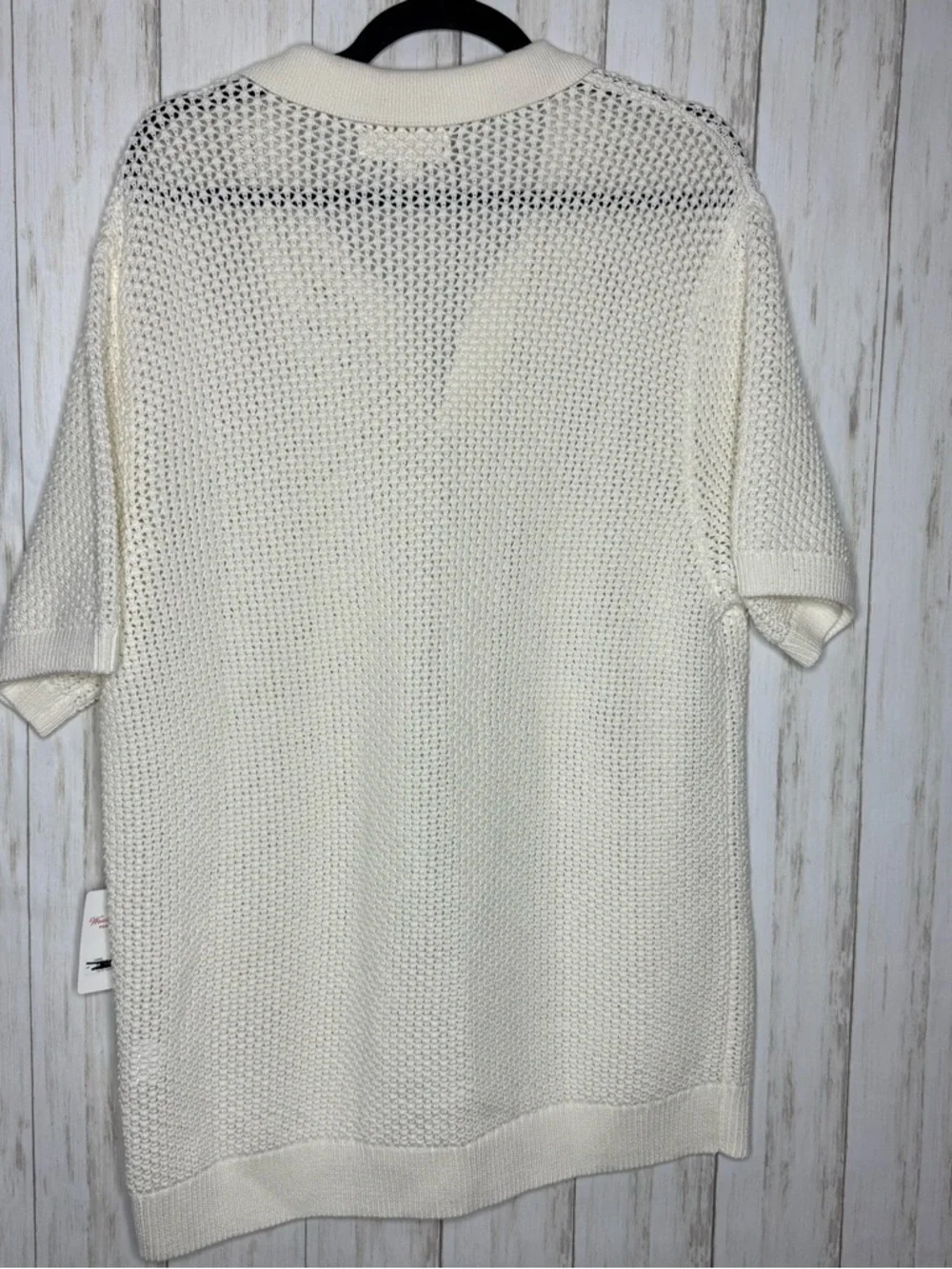 Lucky Brand Cream Pointelle Open Knit Johnny Collar Sweater Top Large